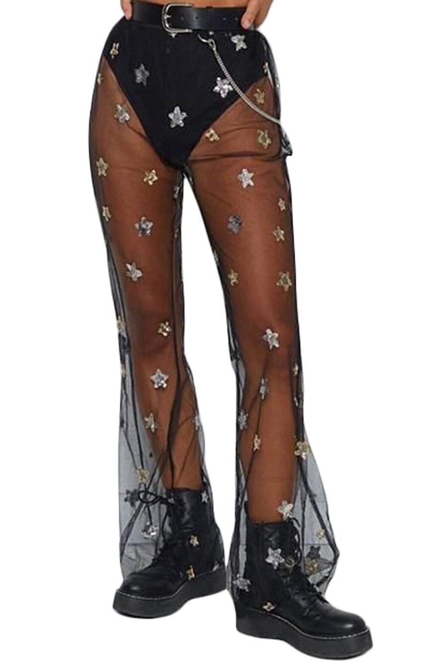 6945 Rave Outfit Outfit Festival Dance Clubwear Bell Bottom Mesh Sheer